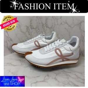 A-1CS-5: GYM SHOES: White and Brown Sneakers w/Pink Ribbon Accent, Unisex, NWOT